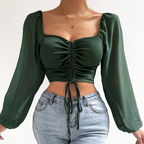 Dark Green Casual Women's Sweetheart Neck Drawstring Lantern Sleeve Crop Top - Picture 3 of 5